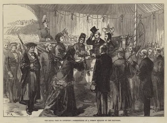 La visita reale a Coventry, presentazione di un bouquet di nastri dalla sindachessa